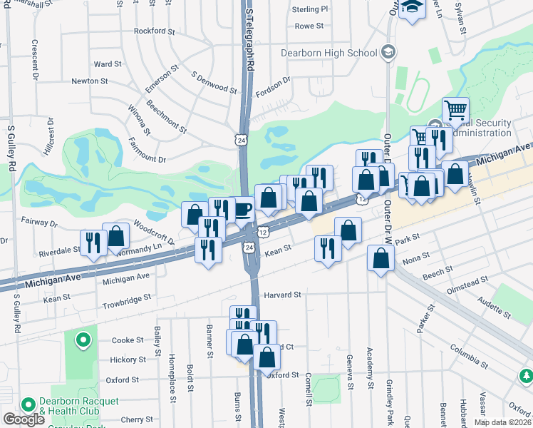 map of restaurants, bars, coffee shops, grocery stores, and more near 23955 Michigan Avenue in Dearborn