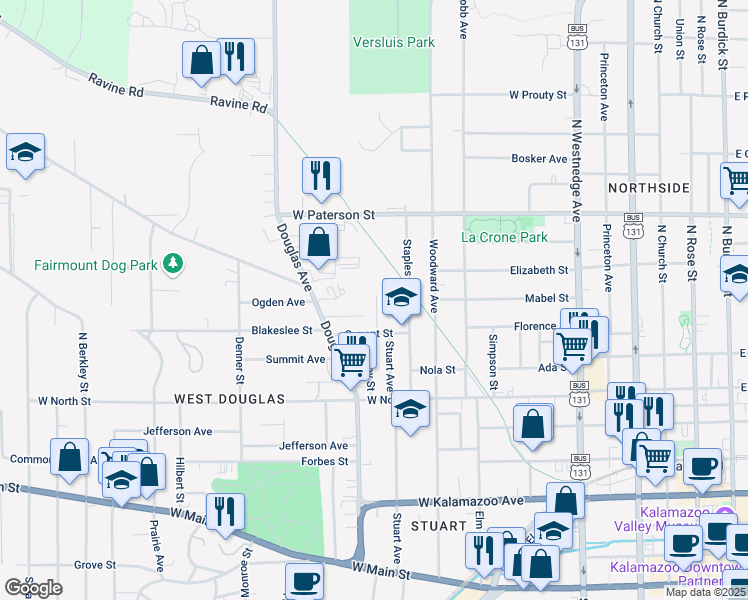 map of restaurants, bars, coffee shops, grocery stores, and more near 1105 Mason Street in Kalamazoo