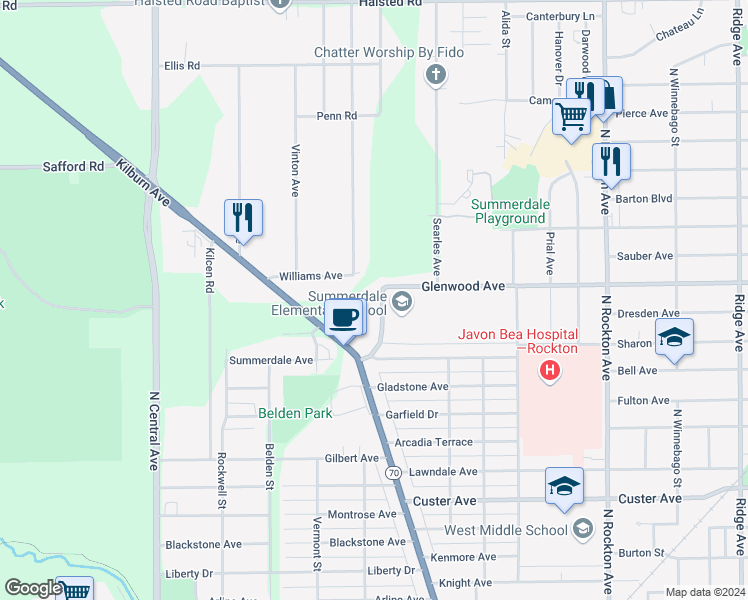 map of restaurants, bars, coffee shops, grocery stores, and more near 3223 Glenwood Avenue in Rockford