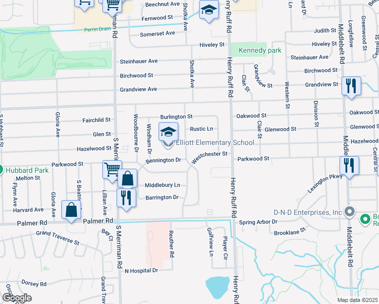 map of restaurants, bars, coffee shops, grocery stores, and more near 1359 Berkshire Street in Westland