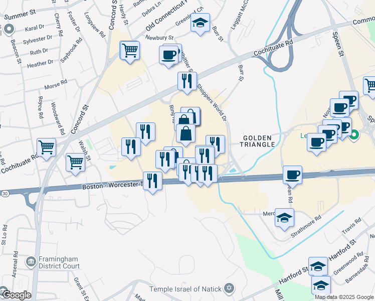 map of restaurants, bars, coffee shops, grocery stores, and more near 1 Worcester Road in Framingham