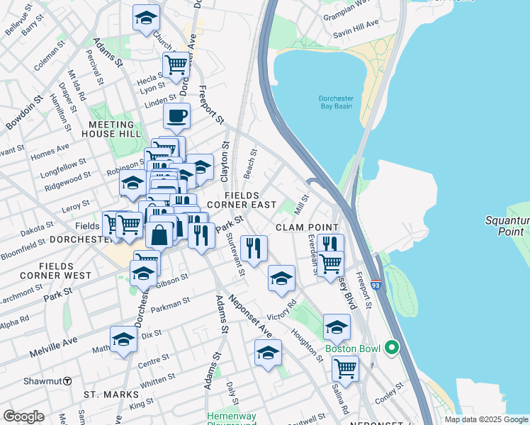 map of restaurants, bars, coffee shops, grocery stores, and more near 9 Elm Street in Boston
