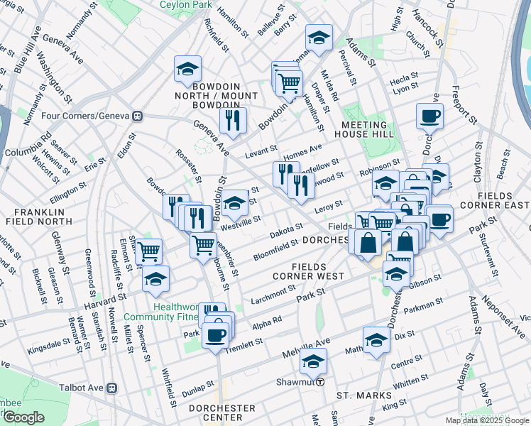 map of restaurants, bars, coffee shops, grocery stores, and more near 98 Dakota Street in Boston