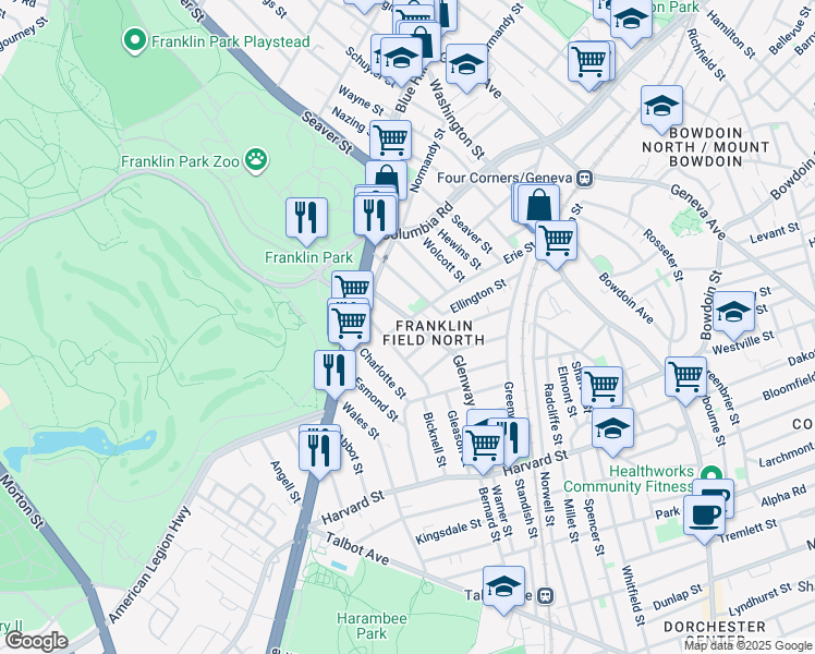 map of restaurants, bars, coffee shops, grocery stores, and more near 13 Fowler Street in Boston