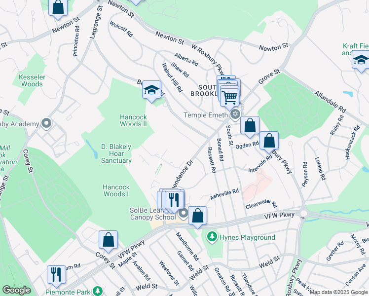 map of restaurants, bars, coffee shops, grocery stores, and more near in Brookline