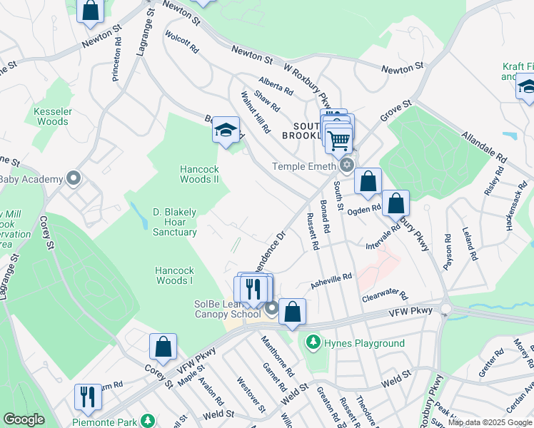 map of restaurants, bars, coffee shops, grocery stores, and more near 54 Gerry Road in Brookline