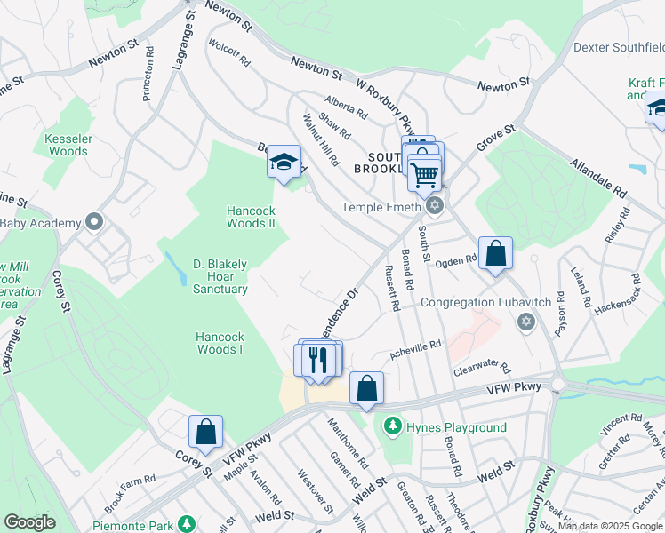 map of restaurants, bars, coffee shops, grocery stores, and more near 54 Gerry Road in Brookline