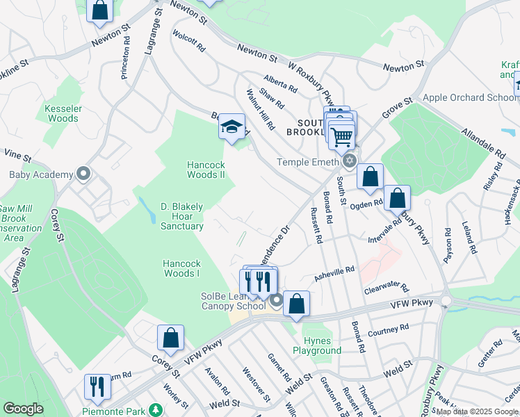 map of restaurants, bars, coffee shops, grocery stores, and more near 54 Gerry Road in Brookline