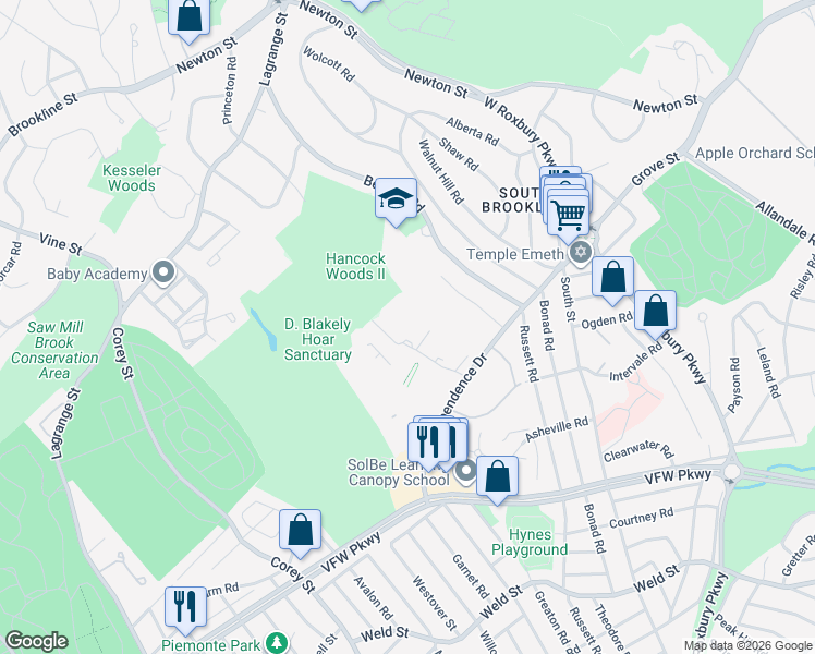 map of restaurants, bars, coffee shops, grocery stores, and more near 53 Gerry Road in Brookline