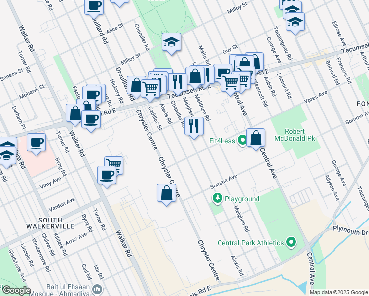 map of restaurants, bars, coffee shops, grocery stores, and more near 2397 Alexis Road in Windsor