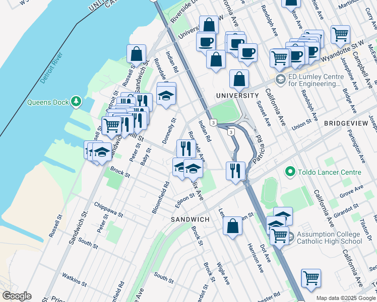 map of restaurants, bars, coffee shops, grocery stores, and more near 712 Mill Street in Windsor