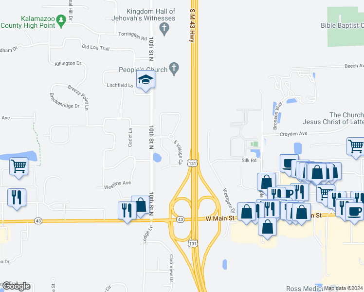 map of restaurants, bars, coffee shops, grocery stores, and more near 1243 South Village Circle in Kalamazoo