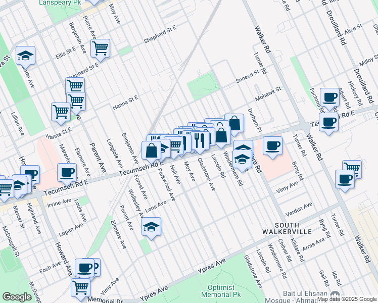 map of restaurants, bars, coffee shops, grocery stores, and more near 1450 Tecumseh Road East in Windsor