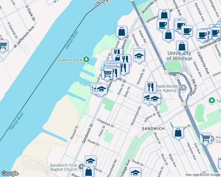 map of restaurants, bars, coffee shops, grocery stores, and more near 3255 Sandwich Street in Windsor