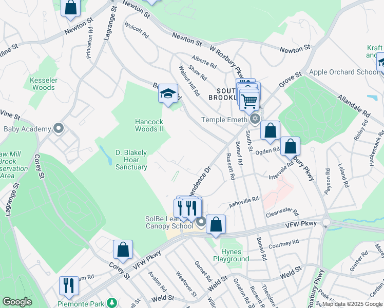 map of restaurants, bars, coffee shops, grocery stores, and more near 89 Gerry Road in Brookline