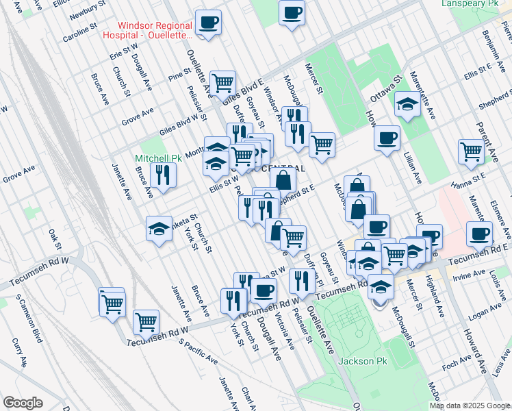 map of restaurants, bars, coffee shops, grocery stores, and more near 1515 British Columbia 3B in Windsor