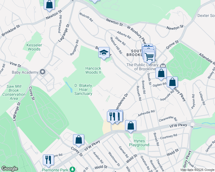 map of restaurants, bars, coffee shops, grocery stores, and more near in Brookline