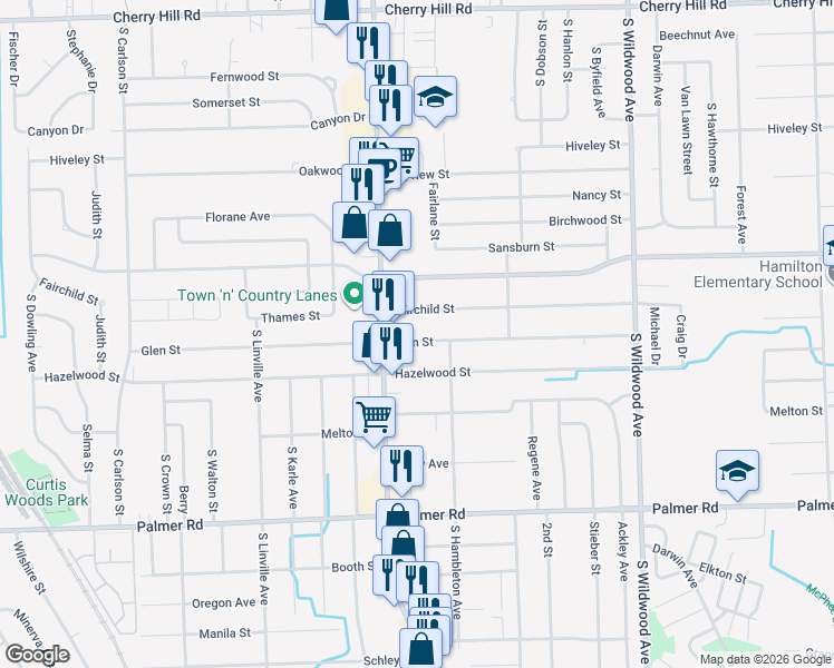 map of restaurants, bars, coffee shops, grocery stores, and more near 35250 Hazelwood Street in Westland