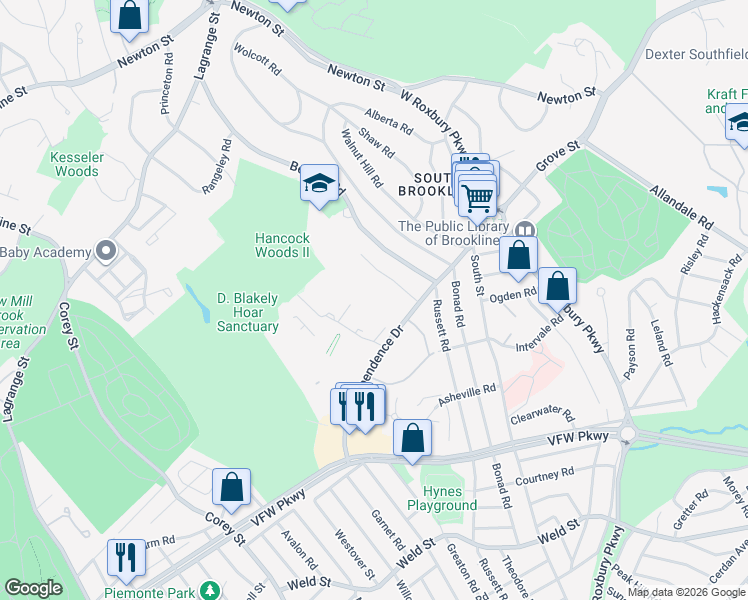 map of restaurants, bars, coffee shops, grocery stores, and more near 71 Gerry Road in Brookline