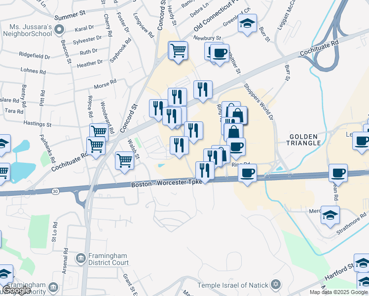 map of restaurants, bars, coffee shops, grocery stores, and more near Caldor Road in Framingham