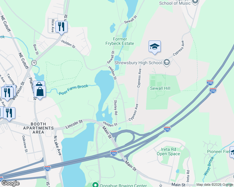 map of restaurants, bars, coffee shops, grocery stores, and more near 113 Holden Street in Shrewsbury