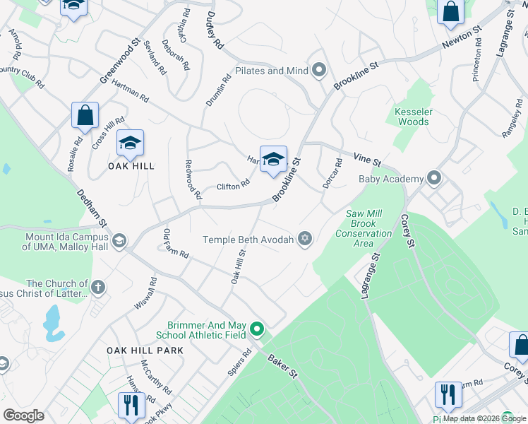 map of restaurants, bars, coffee shops, grocery stores, and more near 269 Brookline Street in Newton