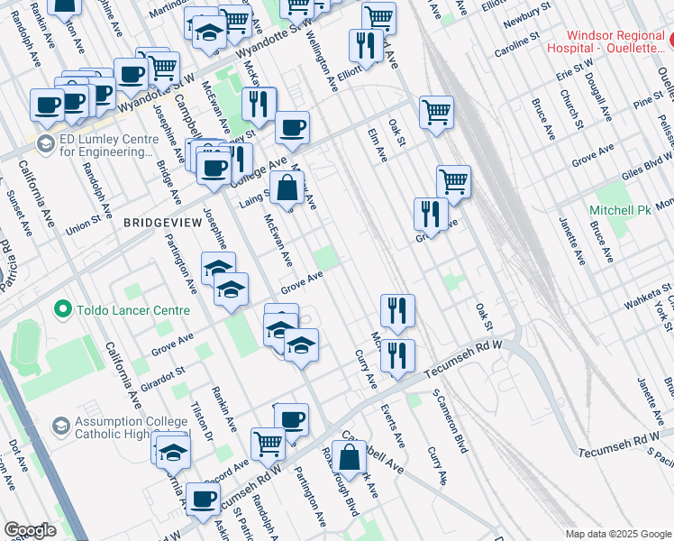 map of restaurants, bars, coffee shops, grocery stores, and more near 1425 Grove Avenue in Windsor
