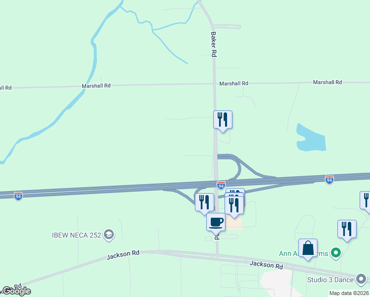 map of restaurants, bars, coffee shops, grocery stores, and more near 705 Baker Road in Dexter