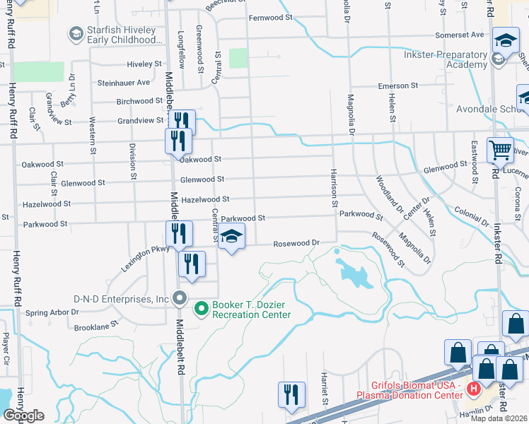 map of restaurants, bars, coffee shops, grocery stores, and more near 28656 Hazelwood Street in Inkster