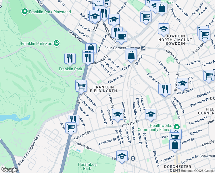 map of restaurants, bars, coffee shops, grocery stores, and more near 90 Ellington Street in Boston