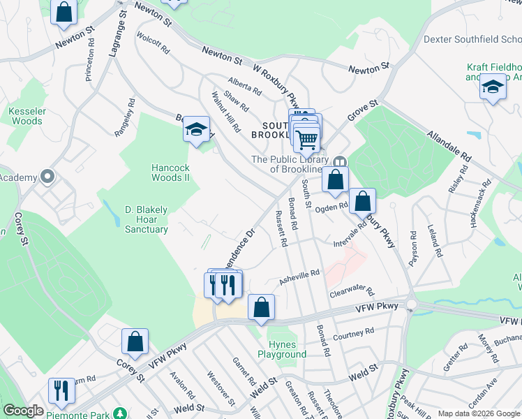 map of restaurants, bars, coffee shops, grocery stores, and more near 271 Beverly Road in Brookline