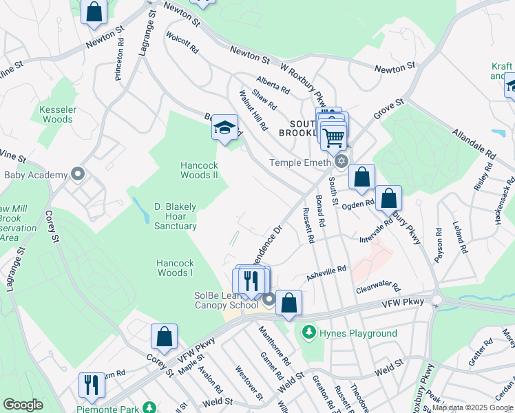 map of restaurants, bars, coffee shops, grocery stores, and more near 149 Gerry Road in Brookline