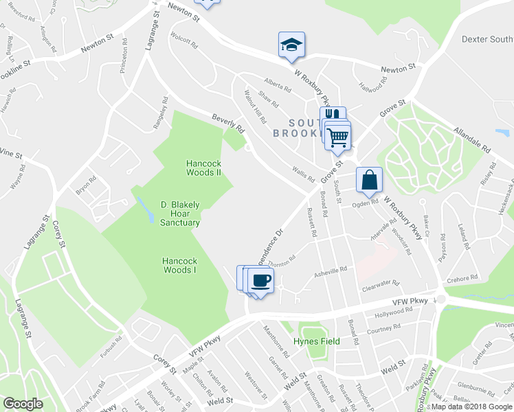 map of restaurants, bars, coffee shops, grocery stores, and more near 120 Gerry Road in Brookline