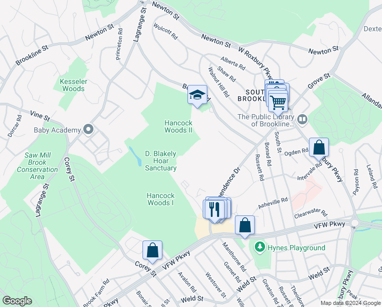 map of restaurants, bars, coffee shops, grocery stores, and more near 203 Sherman Road in Brookline