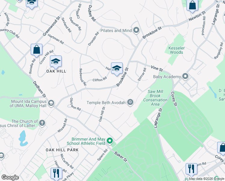 map of restaurants, bars, coffee shops, grocery stores, and more near 269 Brookline Street in Newton