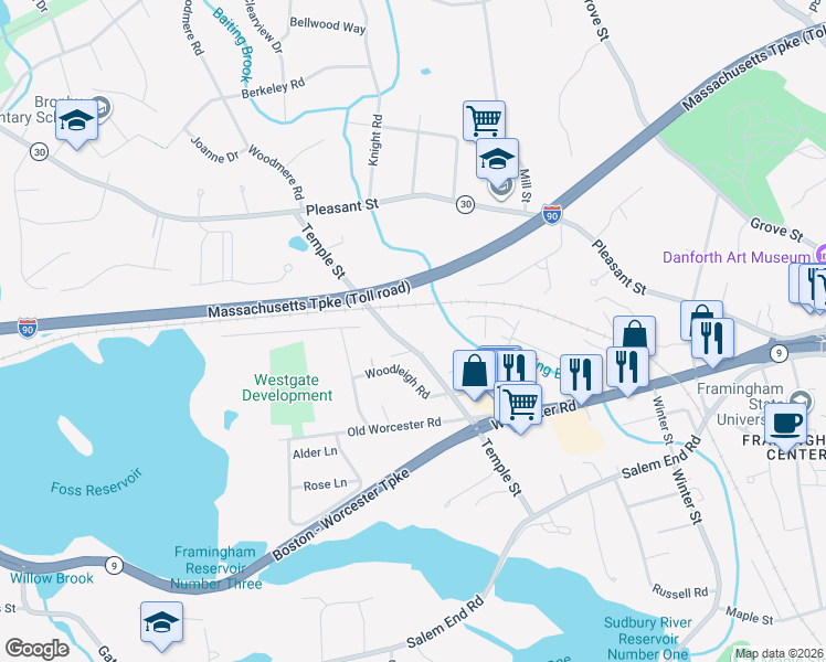 map of restaurants, bars, coffee shops, grocery stores, and more near Massachusetts Turnpike in Framingham