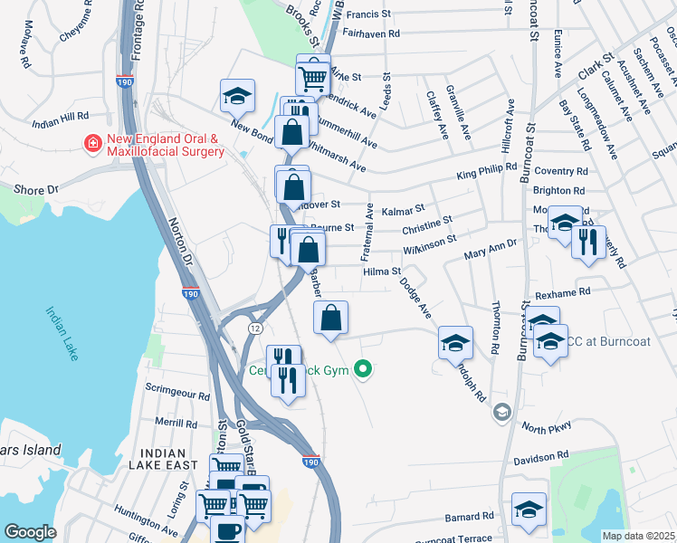 map of restaurants, bars, coffee shops, grocery stores, and more near in Worcester