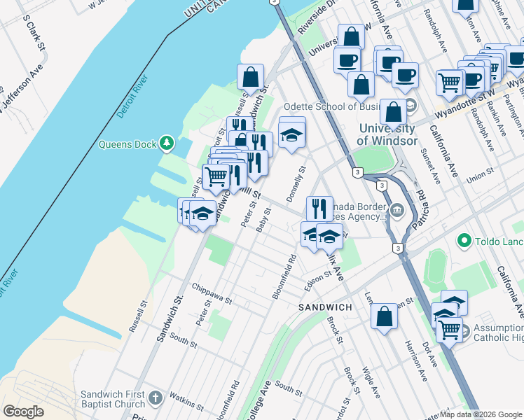 map of restaurants, bars, coffee shops, grocery stores, and more near 450 Mill Street in Windsor