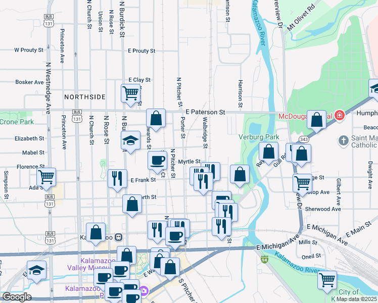 map of restaurants, bars, coffee shops, grocery stores, and more near 415 Parsons Street in Kalamazoo