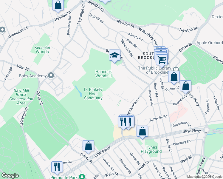 map of restaurants, bars, coffee shops, grocery stores, and more near in Brookline