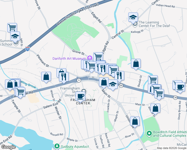 map of restaurants, bars, coffee shops, grocery stores, and more near 6 Vernon Street in Framingham