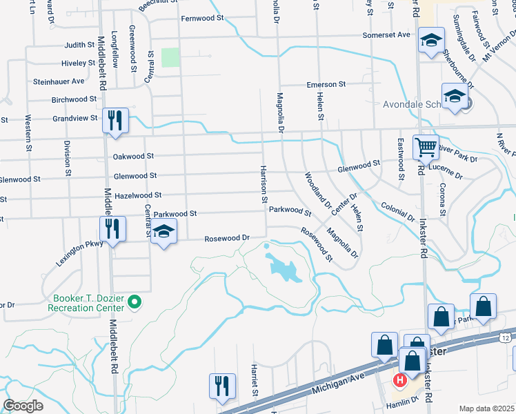 map of restaurants, bars, coffee shops, grocery stores, and more near 28422 Parkwood Street in Inkster