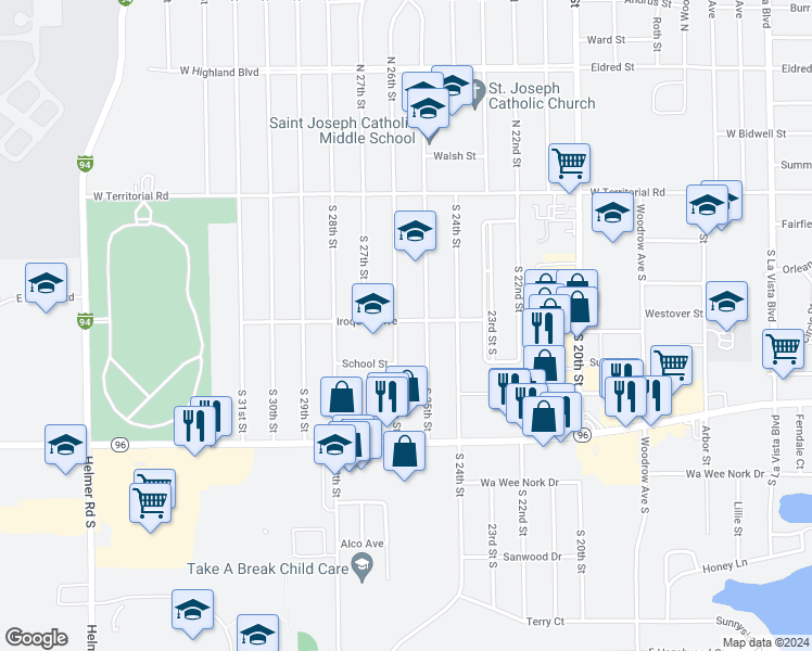 map of restaurants, bars, coffee shops, grocery stores, and more near 79 Iroquois Avenue in Battle Creek