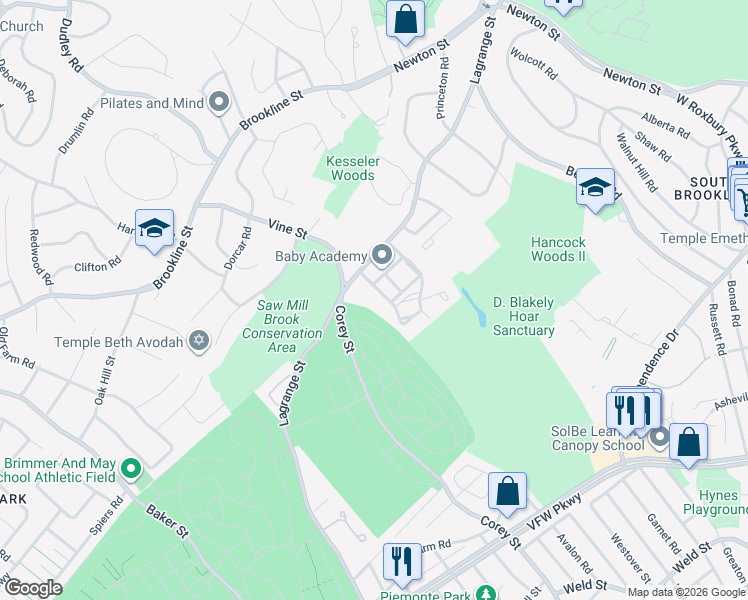 map of restaurants, bars, coffee shops, grocery stores, and more near 288 Lagrange Street in Newton