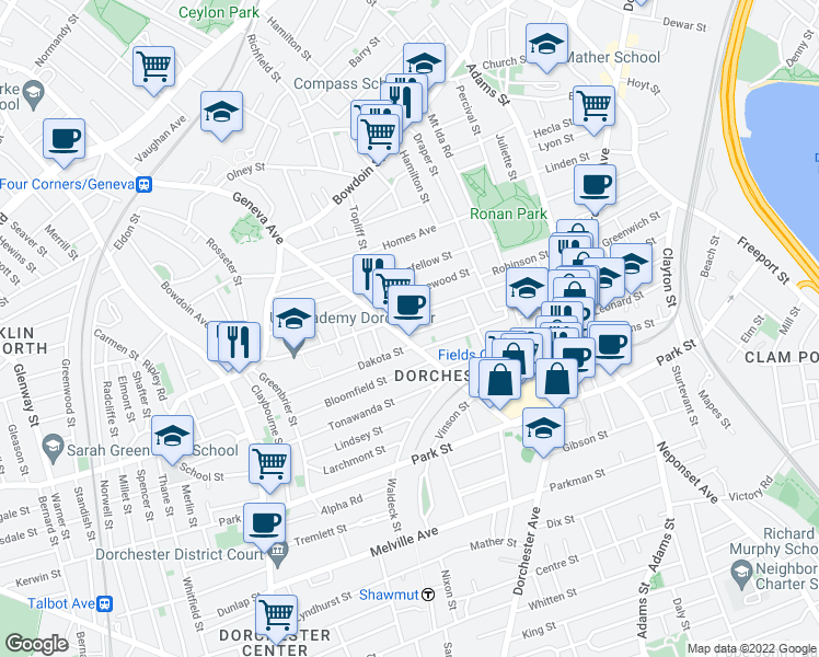 map of restaurants, bars, coffee shops, grocery stores, and more near 4 Leroy Street in Boston