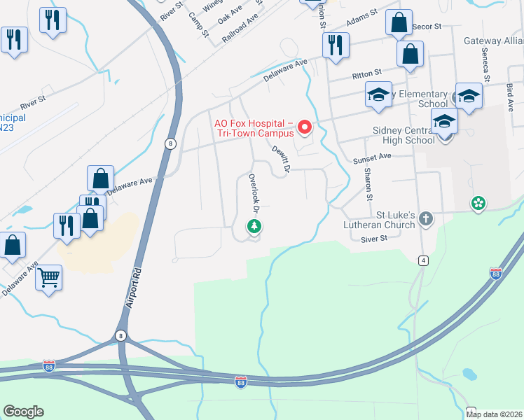 map of restaurants, bars, coffee shops, grocery stores, and more near 25 Overlook Drive in Sidney