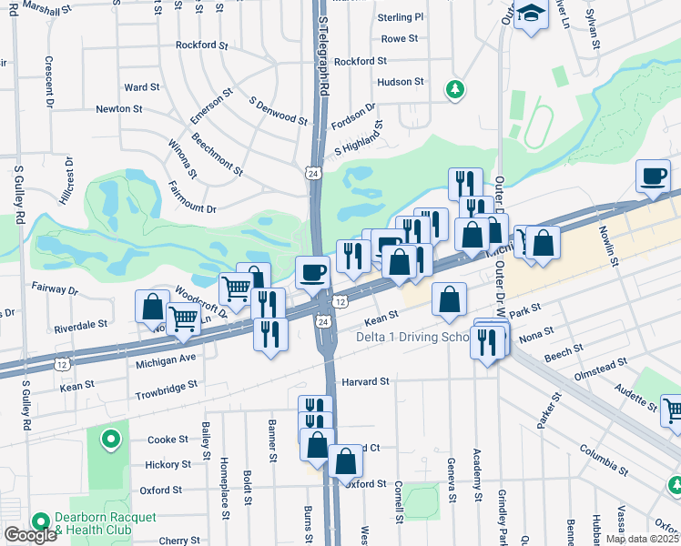 map of restaurants, bars, coffee shops, grocery stores, and more near 1439 South Telegraph Road in Dearborn