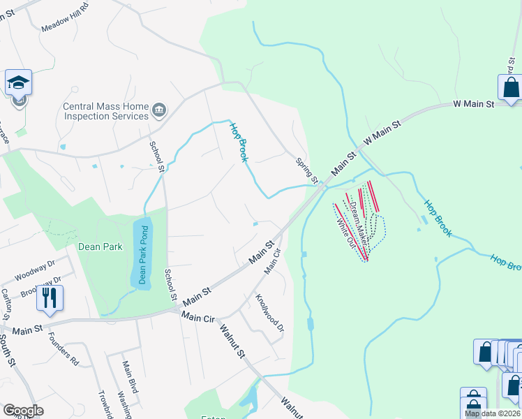 map of restaurants, bars, coffee shops, grocery stores, and more near 945 Main Street in Shrewsbury