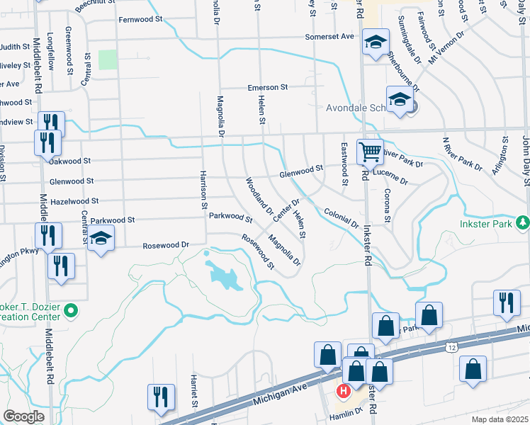map of restaurants, bars, coffee shops, grocery stores, and more near 1352 Woodland Drive in Inkster