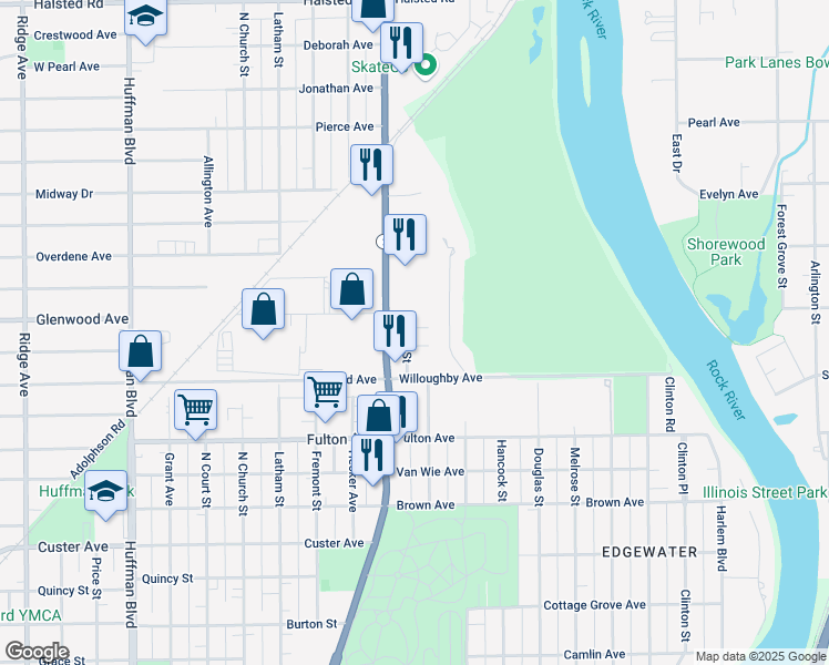 map of restaurants, bars, coffee shops, grocery stores, and more near 2603 Edson Street in Rockford